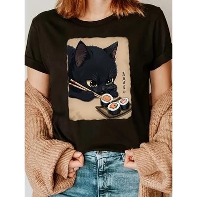 Womens Cat and Sushi Graphic T Shirt 1pc Polyester Knit Crew Neck Short Sleeve Regular Length Casual Spring Summer Top