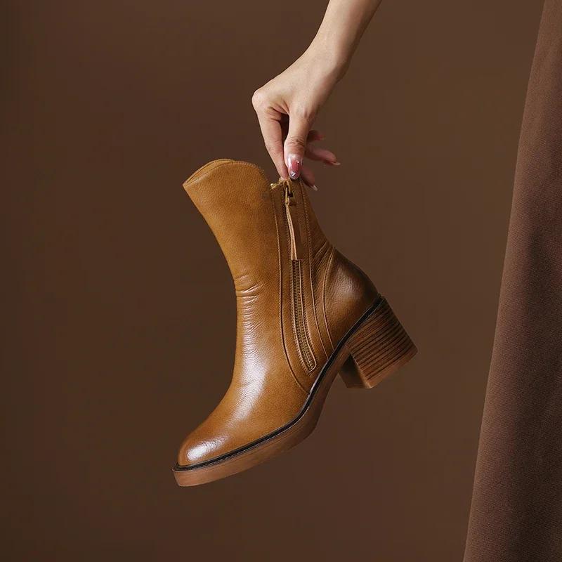 Women's Boots Autumn Leather Short Boots for Women Round Toe Chunky Heel Retro Brown Female Zipper Ankle Boots Botas Mujer