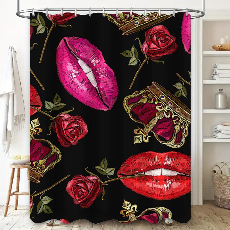 Luxury Crown Lipstick Rose Shower Curtain Bold Print Home Decor For Bathroom Waterproof Fabric With Hooks (Black)