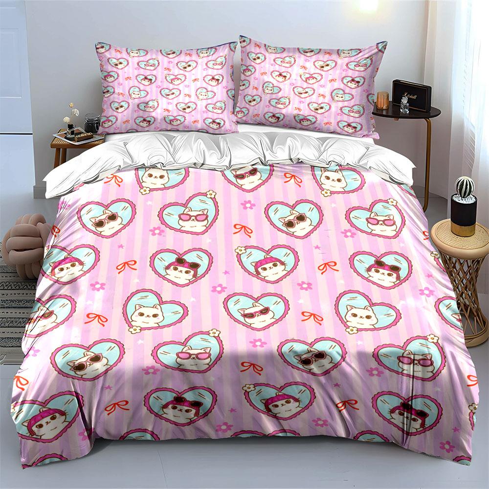 Cute Heart And Cat Pattern Background Duvet Cover Set With 3D Printing Design Soft Polyester Bedding Set All-Season Comfort