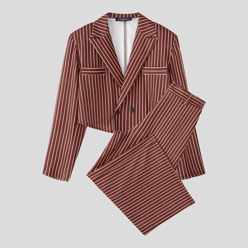 

INCERUN Мужские комплекты Топы с длинным рукавом в полоску и укороченные брюки Повседневные наборы из двух предметов 5XL вино красного