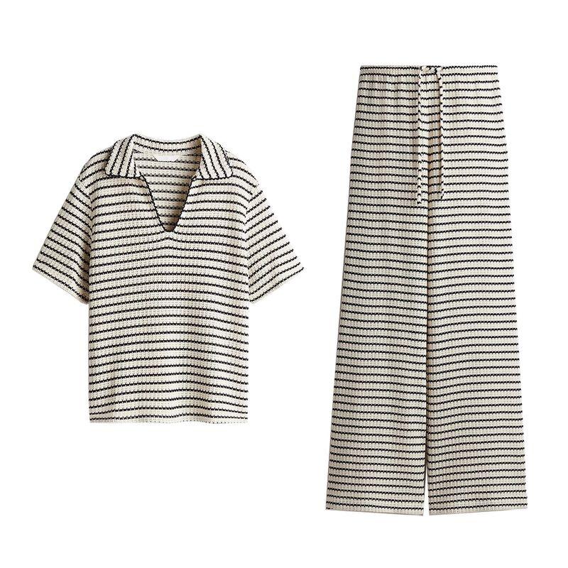 Summer Women's Rollneck Short-Sleeve Shirt Collared Top 1274589 Texture Knit Casual Pants 1283157