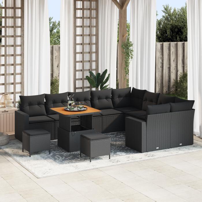 Ensemble de Canapés de Jardin de 12 Pièces avec Coussins Rotin Poly Noir Acacia., Ensemble de Salle à Manger de Jardin de 3 3361649