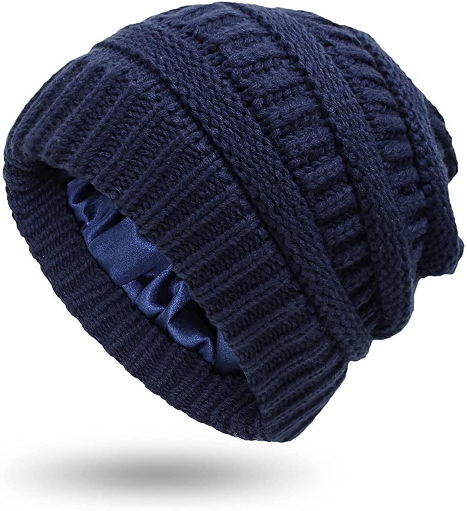 Womens Winter Warm Knitted Hat Satin Silk Lined Cable Knit Beanie Chunky Slouchy Skull Cap