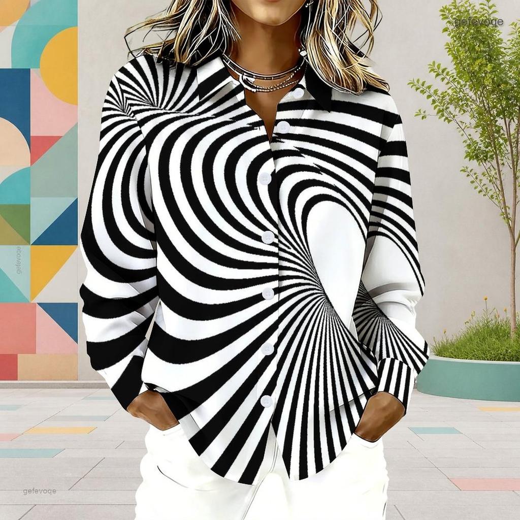 Women Plus Size Collared Neck Long Sleeve Black White Printed Button Front Curved Hem Shirt