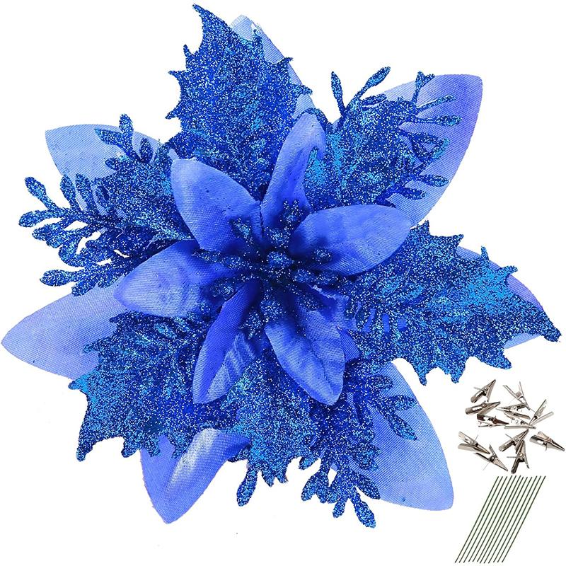 5/10 Stück Glitzer 14 cm künstliche Blumen mit Clips Stielen Weihnachtsdekoration Weihnachtsbaumschmuck Frohes Neues Jahr Navidad 2025 Deko