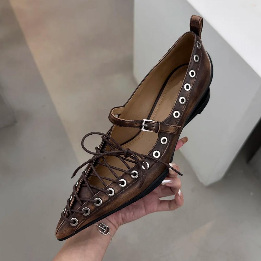 Fashion NEW 2025 Pointed Toe Flat Bottomed Ballet Single Shoes Punk Style New Fashionable Women Shoes Rivet Strap Bow Handmade Shoe