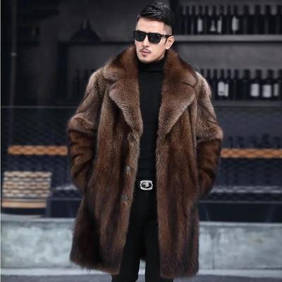 Herren Luxus Brauner Kunstmink Pelzmantel Lange Länge Revers Warmer Wintermantel