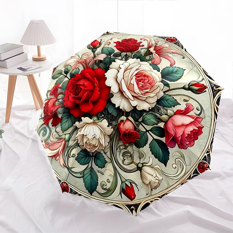 Roses,Stained Automatic Folding Umbrella Compact 8 Rib Design,Unique Style,Suitable for Everyday Outdoor Use,Perfect Gift for Friends