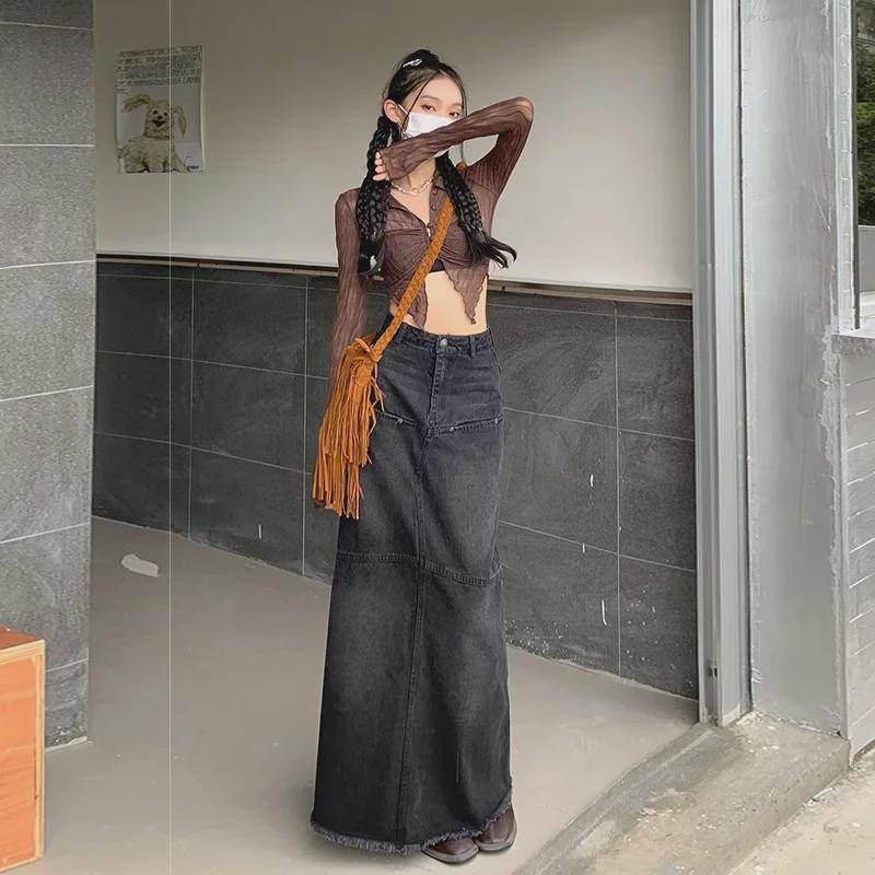 

Трендовая джинсовая юбка-рыбий хвост с высокой талией 2024 года – черный и серый XL чёрный