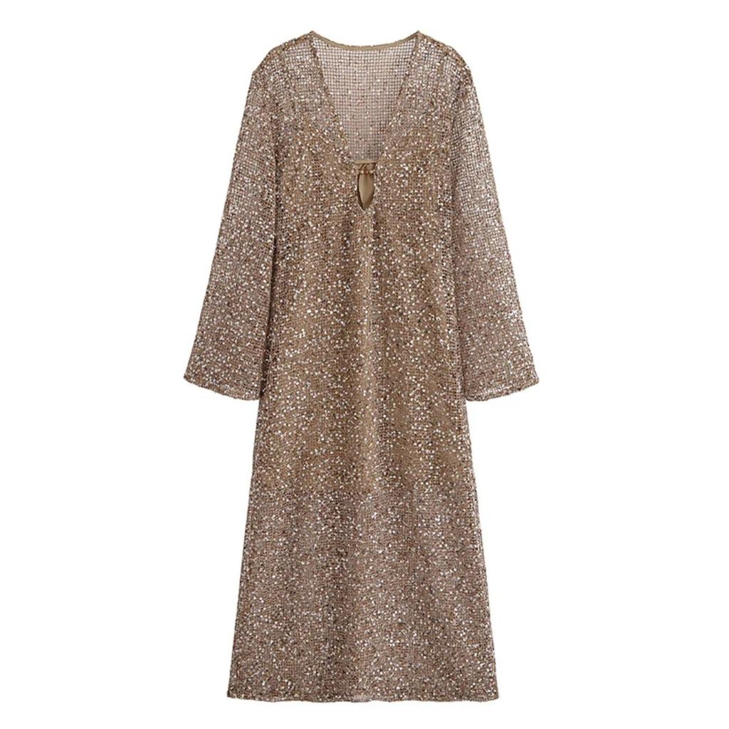 LYRIA Sexy Sequined Long Pleated Dress Women Deep V-neck Full Sleeve See Through Dresses Summer Lady Party Evening Dresses