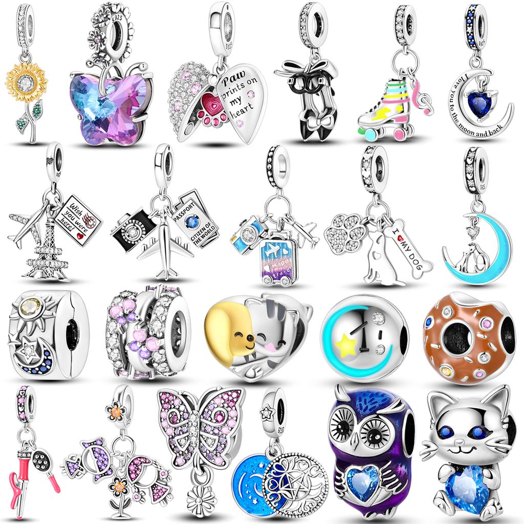925 Sterling Silver Travel Charms Owl Butterfly Bead Lovely Colorful Pet Pendant Fit Original New Bracelet Diy Women Jewelry