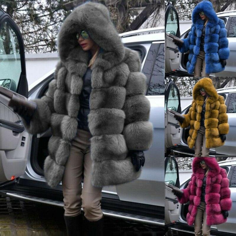 Winter Womens Faux Fur Coats Cozy Jacket Hooded Thicken Coat Overcoat Outwear