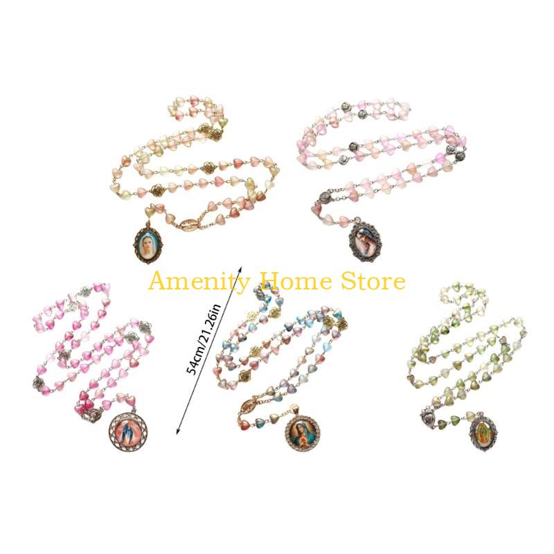 F26C Vintage Hollowed Out Rose Heart Beads Rosary Necklace Christian Prayer Fashion Jewelry Accessories for Stylish Women Men