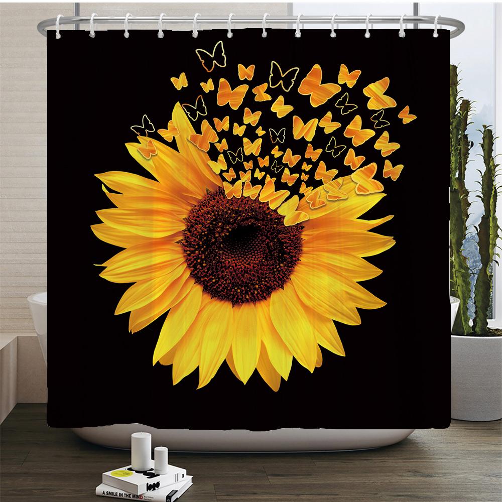 Magic Sunflower Butterfly Shower Curtain Sets Black Yellow Art Country Flower Bathroom Decor Curtains Bath Mats Rug Toilet Cover