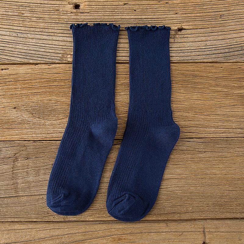 Cotton Breathable Women Socks Harajuku Retro Streetwear Solid Black White Socks Women Japanese Kawaii Cute Frily Ruffle Socks