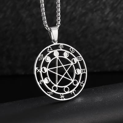 Mondphasen-Anhänger Halskette Edelstahl Hexerei 12 Tierkreiszeichen Wahrsagerei Pentagramm Glücksbringer Schmuck für Damen Herren