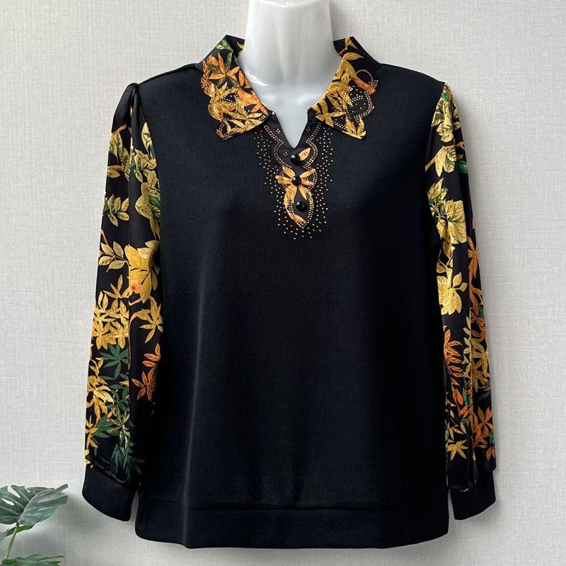 Spring Women's Polo Collar Printed T-Shirt Loose Long-Sleeve Pullover Plus-Size Blouse