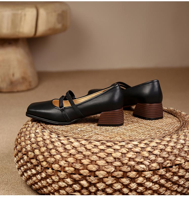 Moda Nowe Wiosenne Damskie Buty Skórzane Buty Mary Jane Kwadratowy Nosek Gruby Obcas Damskie Buty Retro Klamra Średni Obcas Czółenka