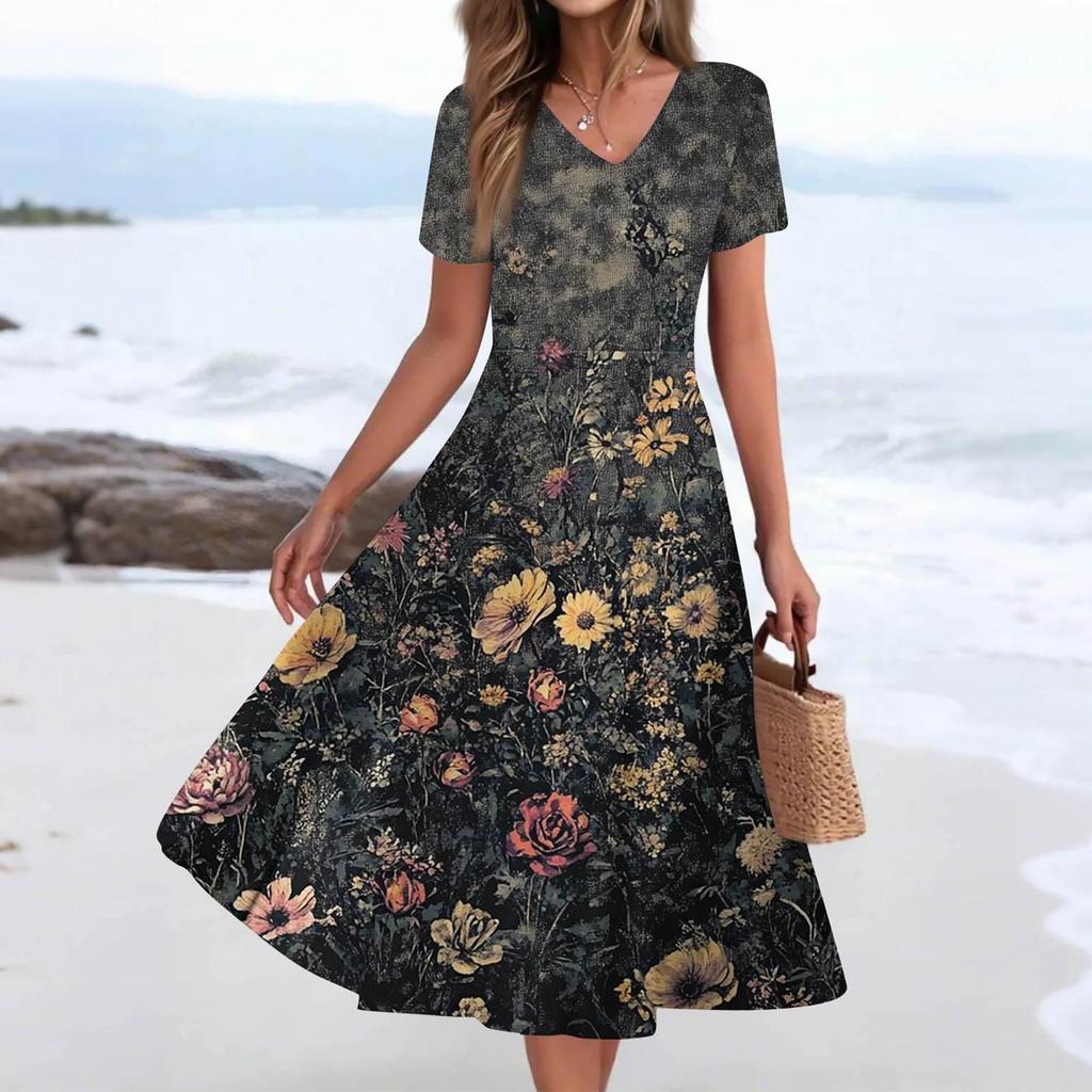 Women's Summer Casual Fashion Print Pocket Short Sleeve V-Neck Swing Dress