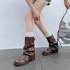 Women's New Autumn Pleated Pile Boots Fashionable Retro Western Cowboy Boots Round Toe Thick Heel Belt Buckle Knight Boots
