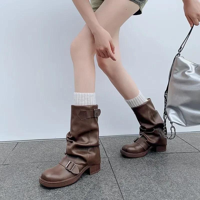 Women's New Autumn Pleated Pile Boots Fashionable Retro Western Cowboy Boots Round Toe Thick Heel Belt Buckle Knight Boots
