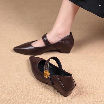 French Pointed Flat-soled Medium-heeled Versatile Women's Shoes 2025 Autumn New Shallow Soft-soled One-word Buckle Strap Work Shoes