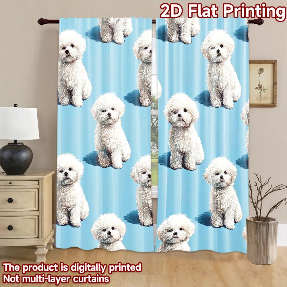 2D Flachdruck 2 Stück Vorhänge Niedliche Bichon Frisé Welpen Digital Bedruckte Polyester Vorhänge Ganzjahres Party- & Urlaubsdekoration für