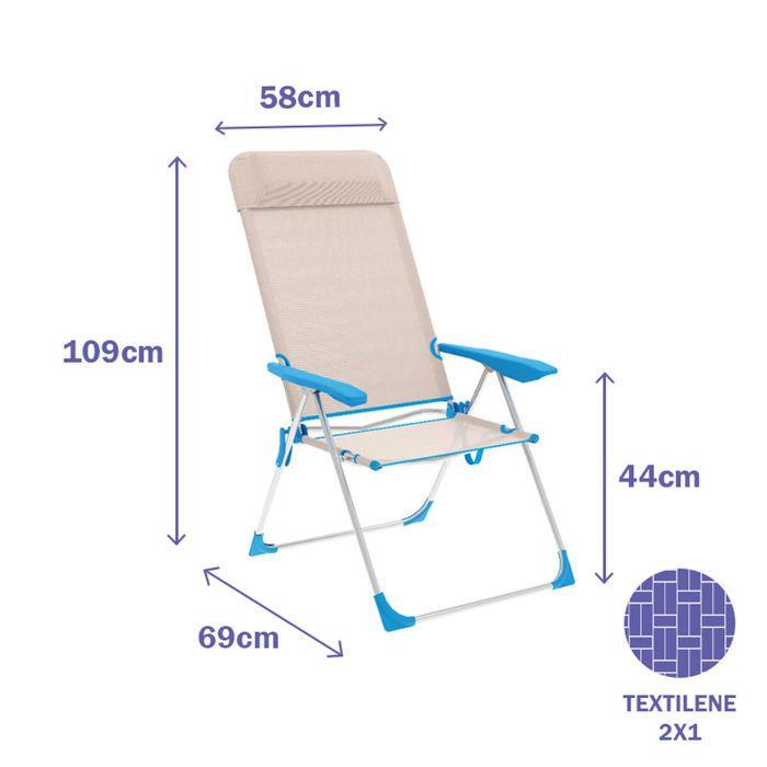 Marbueno Chaise Pliante 5 Positions Aluminium avec Coussin Beige/Bleu Plage et Piscine 69X58X109 cm 10175