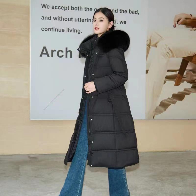 Womens Long Down Coat Over Knee Slim Fit Hooded With Real Fox Fur Collar Thick Warm White Duck