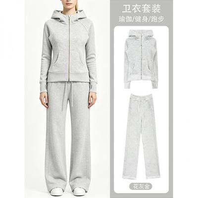 Womens Winter Warm Fleece-Lined Hoodie Wide-Leg Pants Set Casual Streetwear Outfit With Gold Zipper