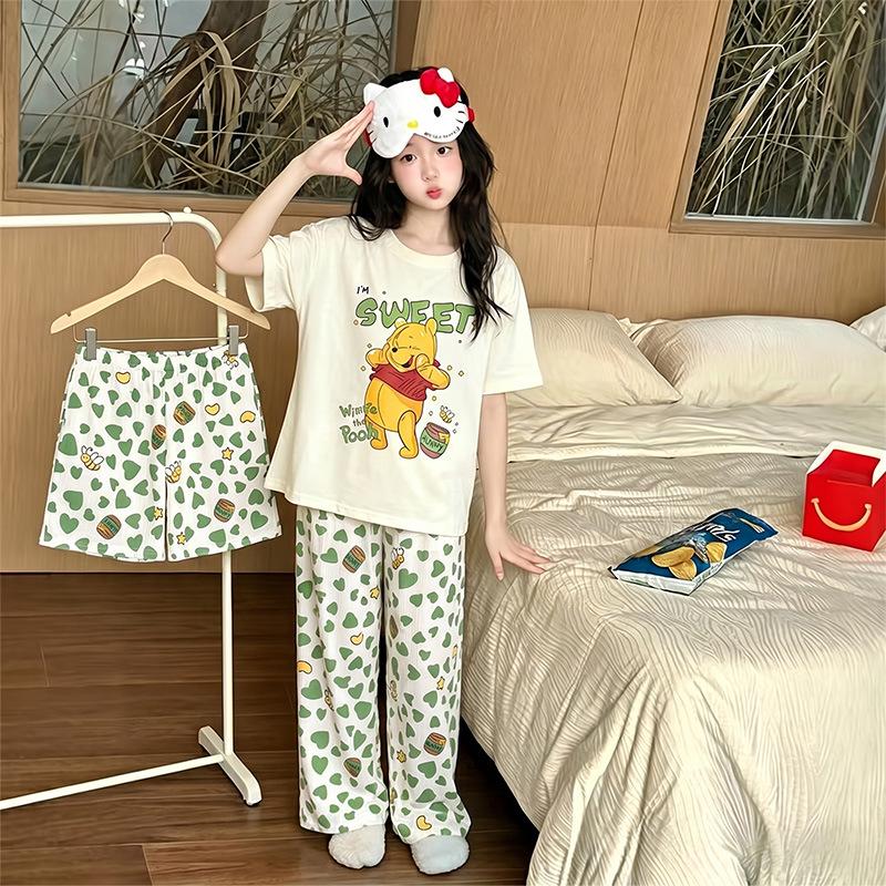 Girls' Cartoon Pajama Set - Short Sleeve, Long Pants, 3-Piece Summer Sleepwear for Kids