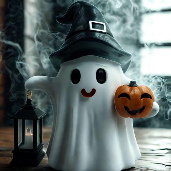 Ghost Statue Solar/Battery-Powered Weather Resistant Resin Whimsical Ghost Pumpkin Design Ornament Halloween Decor