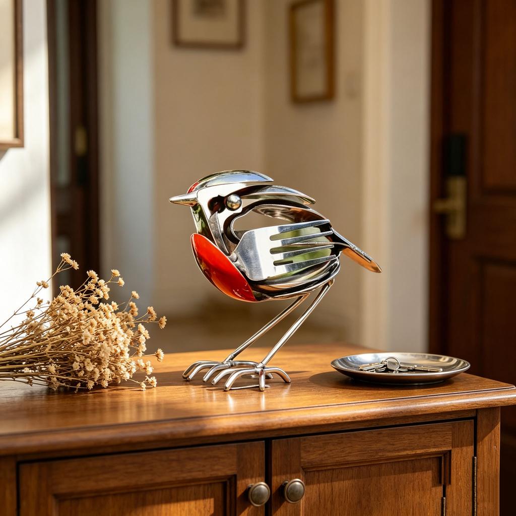 Red Chest Robin Figurine Unique Scrap Cutlery Metal Mini Collectible Ornament For Bookshelf Study Desktop Window Sill Home Decor
