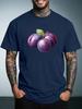 Unisex Summer White Short Sleeve Tee Fresh Purple Plum Fruit Leaf Graphic Print Crew Neck Loose Daily Casual Male Fashion Tops
