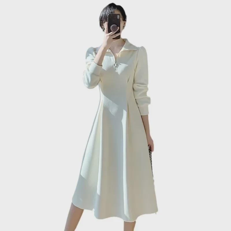 Elegante Abito Francese Autunno/Inverno per Donne Petite con Fodera in Velluto e Cappotto, Gonna Lunga