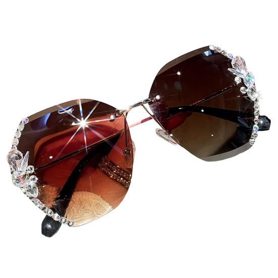 Women Sunglasses Rimless Lightweight High Clarity Wide Cool Sun-resistant Windproof UV Protection Shiny Rhinestone Female Sunglasses for Outdoor