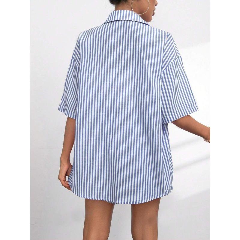 DAFIFY Women's Fashion Casual Summer Spring Stripe Print Short Sleeve POLO Neck Trousers Pants Suits