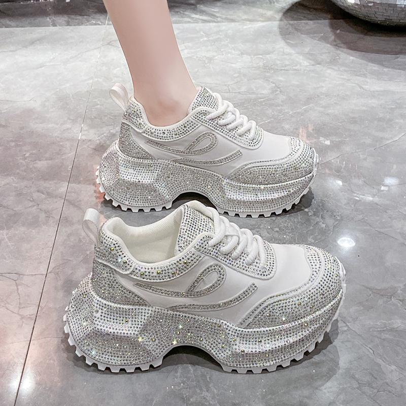 Fashion Women's Rhinestone Shoes Luxury Rhinestones Platform Sneakers Outdoor Anti Slip Running Shoes 7cm Thick-soled Casual Shoes