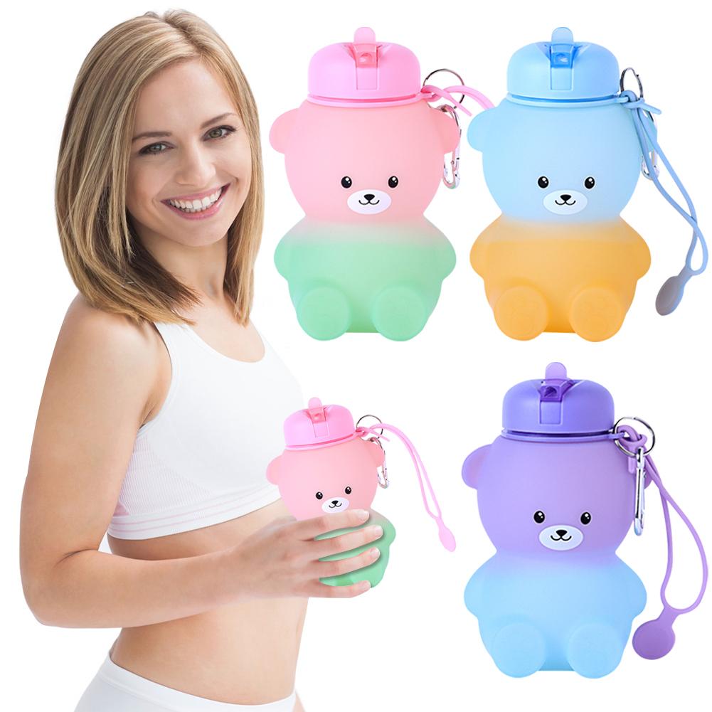 600ml Collapsible Water Bottle Silicone Cute Bear Water Bottle Large Capacity Foldable Drinking Cup for School Sports Hiking