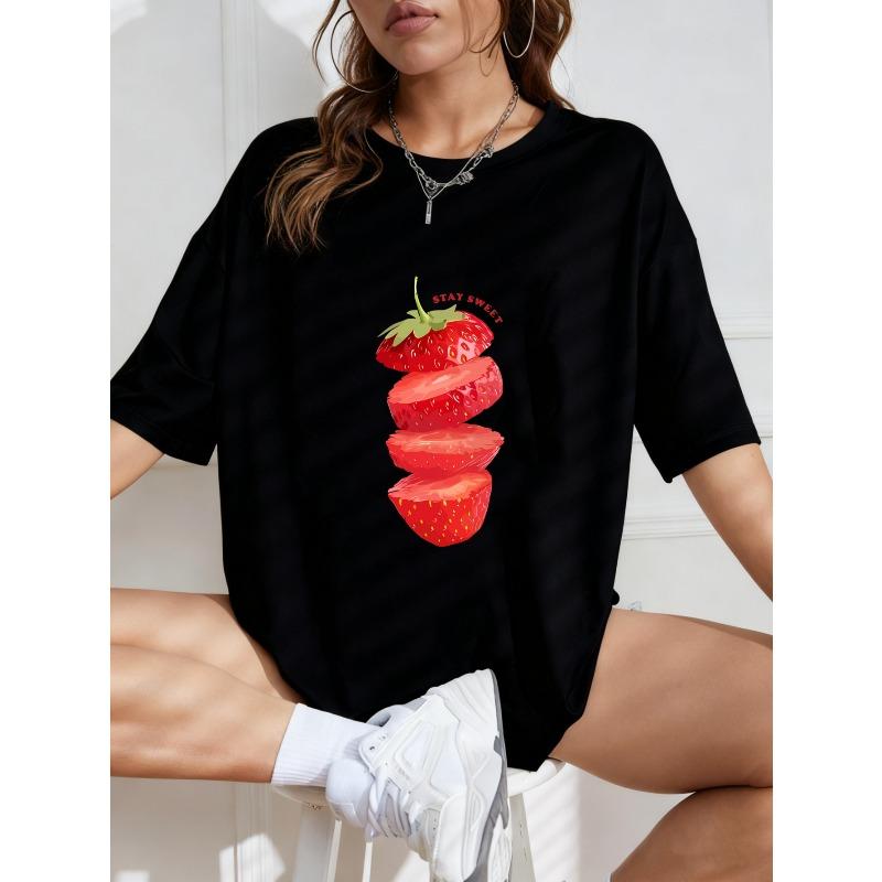 White Oversized T Shirt With Strawberry Slices And Stay Sweet Text Print For Casual Wear