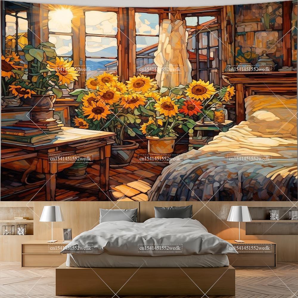 

Monet Van Gogh Starry Night Sunflower Tapestry Window Wall Tapestrys Murals Landscape Tapestries Aesthetic Room Decor Wallpapers 95x73cm