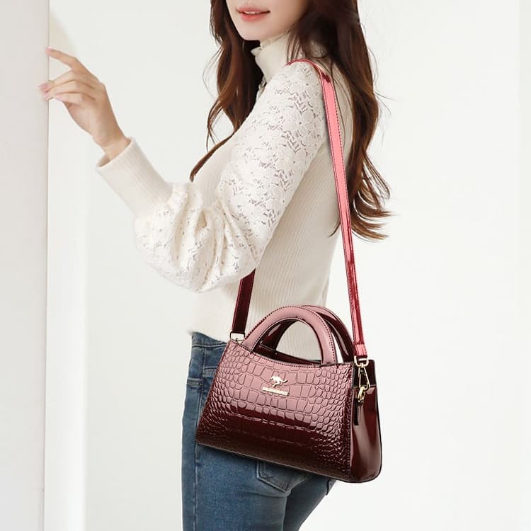 Crocodile pattern glossy handbag women's shoulder messenger bag