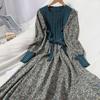 Trendy Autumn/Winter Korean Style Slimming Patchwork Tie-Up Knit Long Dress with Corduroy Floral Print