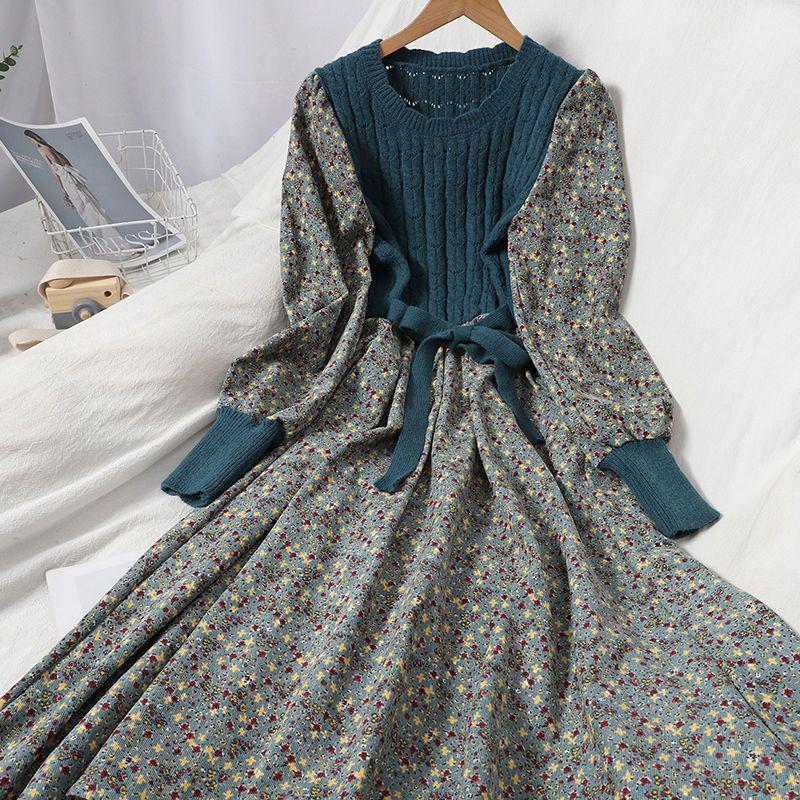 Trendy Autumn/Winter Korean Style Slimming Patchwork Tie-Up Knit Long Dress with Corduroy Floral Print