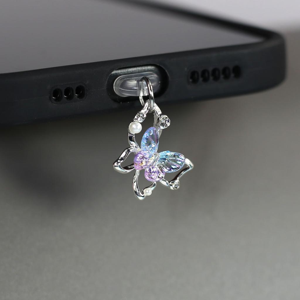 Mobile Phone Dust Plug Pendant New Butterfly With Artificial Pearls And Diamonds Accessory Decoration For IPhone Type-c Port