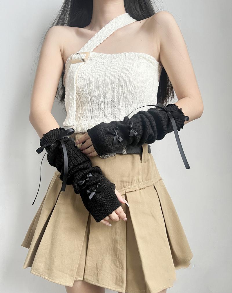 

Милый Лолита Бант Вязаная Отделка Рукава Рукавицы Девушки Длинные Митенки Грелки для Рук Локтевые Варежки Накладные Рукава Чехол