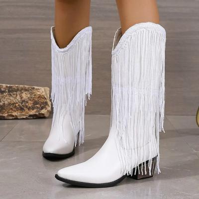 Fashion Ethnic Style Tassel Design White Women's Calf Boots 2024 New Fashionable and Simple Large Size Thick Sole Boots Botas De Mujer