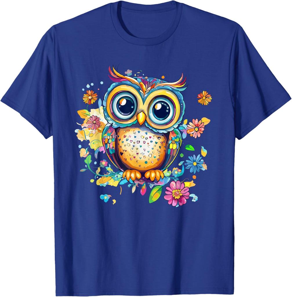 Vibrant Owl With Colorful Flowers Graphic T-Shirt Casual Cotton Print Crewneck Tee