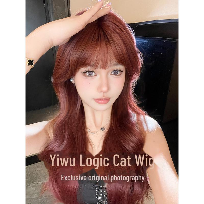 Logic Cat Dámská růžově červená dlouhá kudrnatá paruka s ofinou - Realistická mořská panna, celá sada